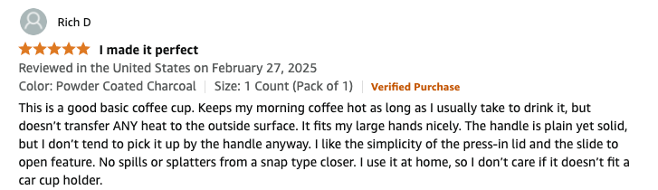 user review for insulated mug on Amazon