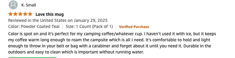 user review for insulated mug on Amazon