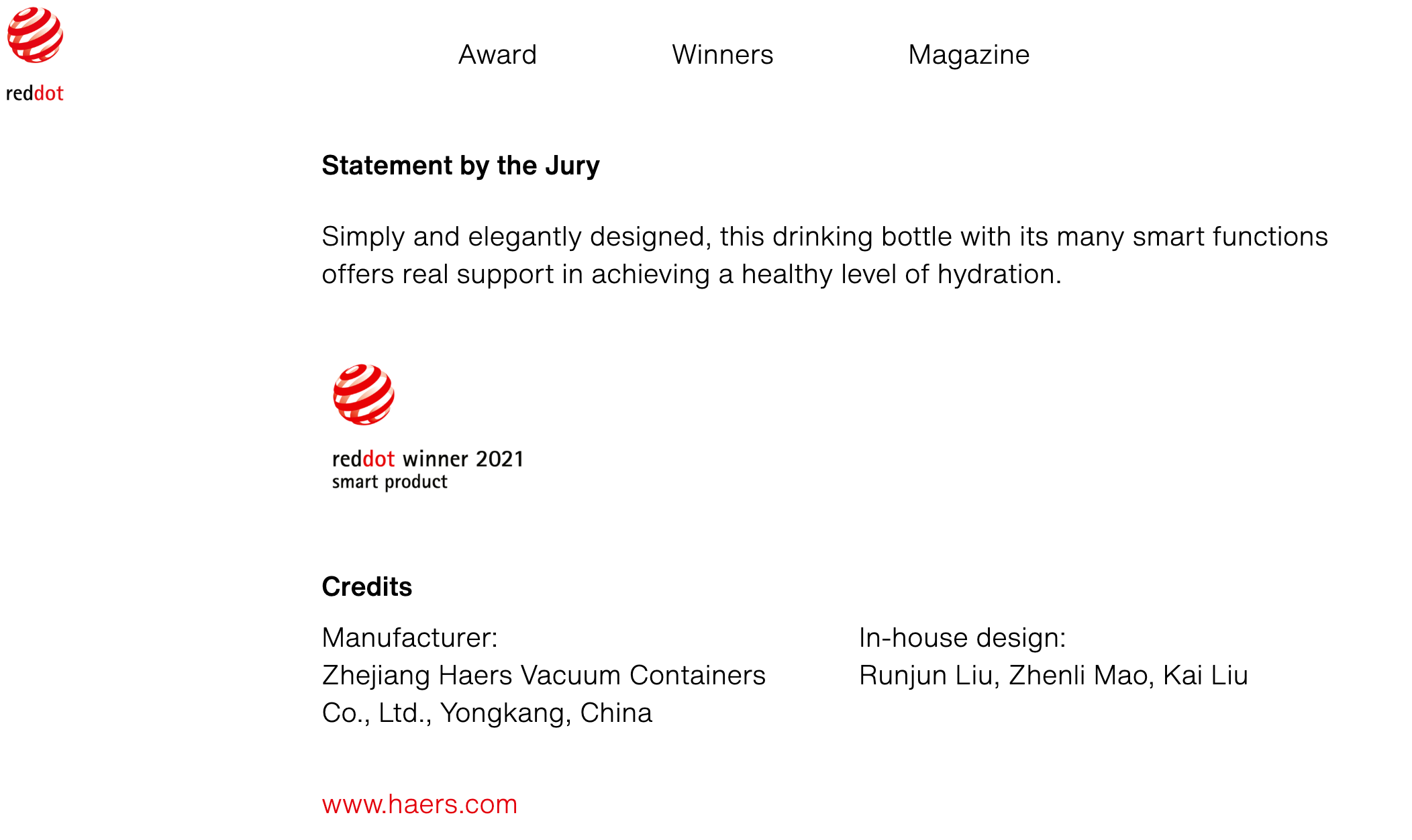 Haers acquired the Red Dot Award