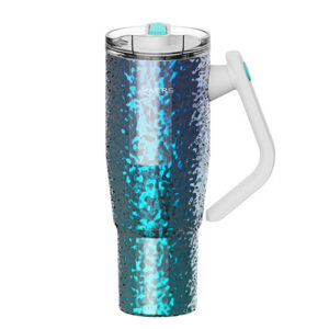 Stainless steel travel mug with a blue water-splash design, white handle, and turquoise lid button.