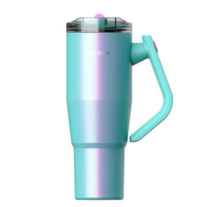 Iridescent turquoise stainless-steel travel mug with a clear lid and curved handle on the right side.