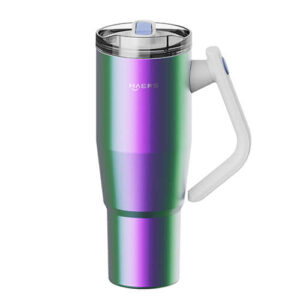 Iridescent green–purple insulated travel mug with a white handle and clear lid, branded HAERS, designed for hot or cold beverages