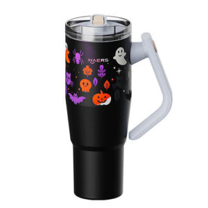 Black insulated travel mug with Halloween decals and a white hinged lid and handle.