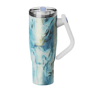 Insulated travel mug with a blue marble pattern, clear lid, and a white hinged handle.