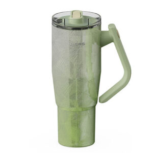 Mint green travel blender bottle with a transparent lid and ergonomic built-in handle, shown upright against a white background.