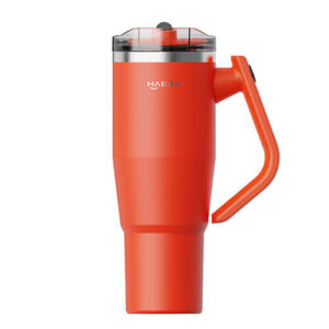 Red Haers shaker bottle with a transparent lid, black flip cap, and an integrated side handle.
