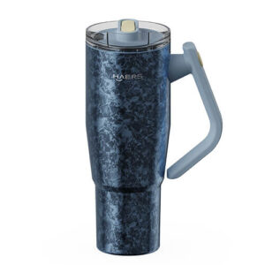 Blue marbled insulated travel mug with gray lid and matching handle, branded HAERS.