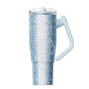 Light blue insulated travel bottle with a white handle, frosted marbled pattern, and a clear cap on top.