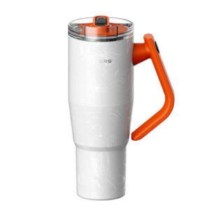 White personal blender with an orange lid and integrated orange handle for single-serve blending