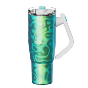 Insulated stainless steel tumbler with a teal‑blue flame pattern, white handle, and clear lid with a light blue latch (Haers branding).