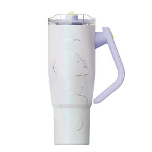 Pastel lavender and white shaker bottle with a lavender lid and side handle, featuring a minimalist line drawing of a woman's profile.