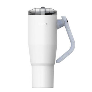 White handheld immersion blender with a transparent lid and a light blue speckled ergonomic handle