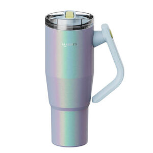 Iridescent pastel travel mug with a lid and side handle (HAERS brand) for on-the-go drinking