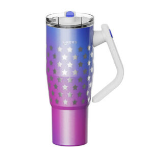 Gradient travel mug with star pattern, white handle and blue-to-pink body featuring a twist lid (Haers)
