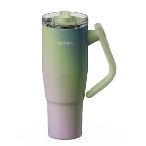 Gradient-green to lavender insulated travel mug with a twist-on lid and built-in handle (Haers)