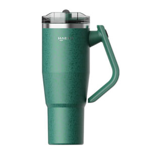 Green Haers portable hand blender with an ergonomic curved handle and clear lid, designed for on-the-go blending