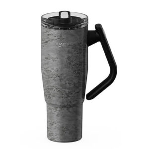 Gray textured insulated travel mug with a black handle and clear lid, branded HAERS.