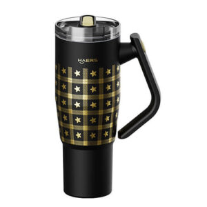 Black travel mug with a gold star-patterned grid design and a clear lid, featuring a black handle on the right side.