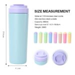 size measurement infographic for a pastel thermos: 316 stainless inside, 304 outside, 480 ml capacity; bare cup 8.1 x 8.1 x 19.6 cm; weight 286 g; height 19.6 cm, diameter 8.1 cm; color options shown from blue to pink with lavender cap in foreground.