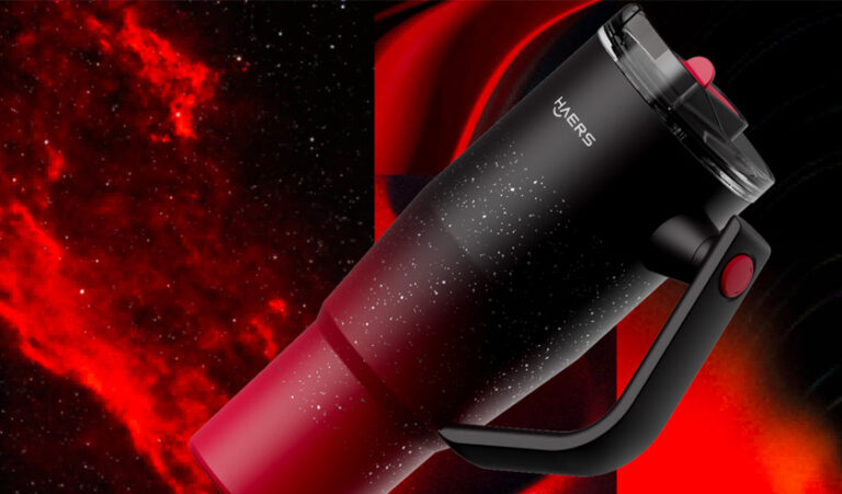 handheld red-and-black monocular telescope with a curved handle, set against a space-themed background.