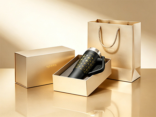 beige gift set: a tumbler mug in an open box, a closed box, and a haers shopping bag on a gold surface.