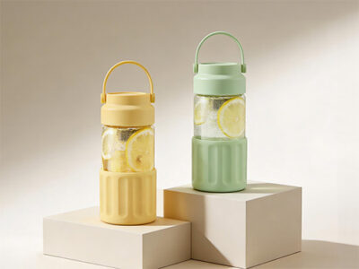 two pastel insulated water bottles with lemon slices inside, yellow and green, on white display blocks.