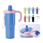 blue plastic water bottle with pink lid, pink handle and attached strap.