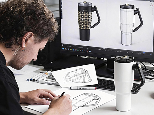 product designer sketches a thermos prototype at a desk, with 3d renders of the bottle on screen