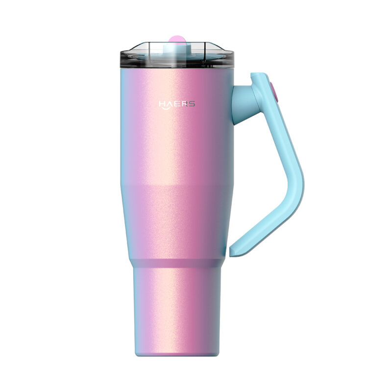 pastel gradient insulated tumbler with a light blue handle and clear lid, branded haers, used for beverages.