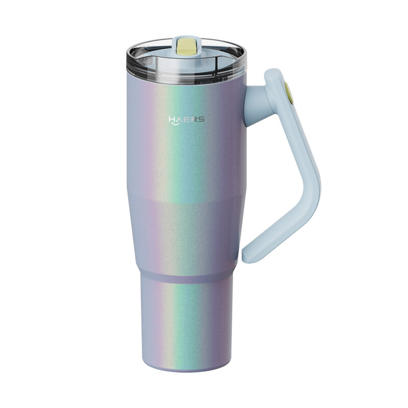iridescent stainless steel insulated tumbler with a light blue hinged handle and flip-top lid, shown against a white background.