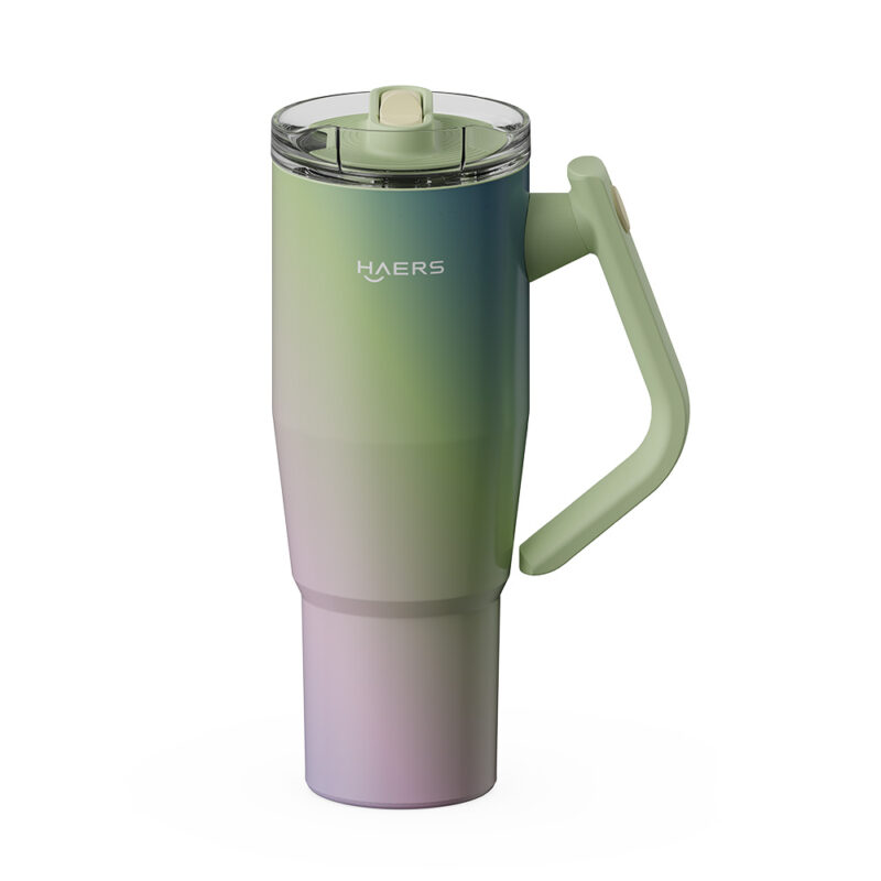 gradient travel mug with a spill-resistant lid, pastel green-to-purple body, and ergonomic handle (haers).
