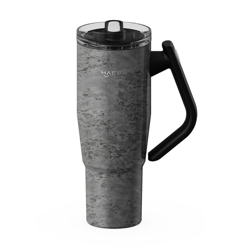 stone-pattern insulated travel mug with black ergonomic handle and clear lid, branded haers.