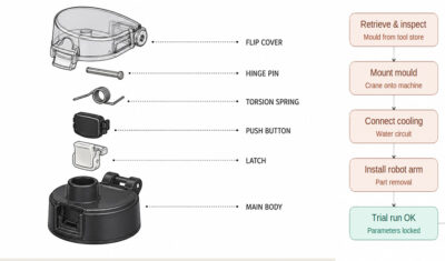 Exploded view of a device with labeled parts: flip cover, hinge pin, torsion spring, push button, latch, main body; right-side assembly flow.