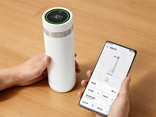 hands hold a white smart bottle with a circular digital display on top; a smartphone nearby shows the device's control app.