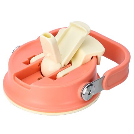 pink handheld rotary cutter with beige blade guard and side wheel, a small craft/dough cutter.