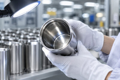 inspecting the electropolished interior of a stainless steel vacuum bottle liner in the factory