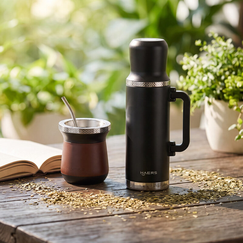 tall black insulated thermos with a handle next to a brown yerba mate cup on a wooden table, outdoors among greenery and an open book nearby.