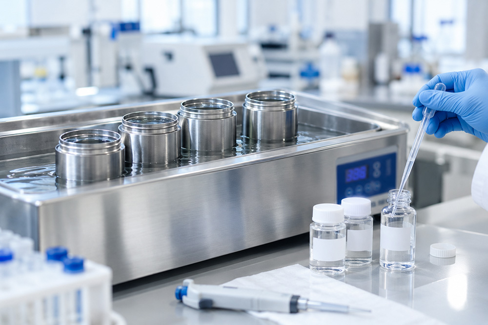stainless steel water bottles filled with test solution during a food-contact migration test in a laboratory