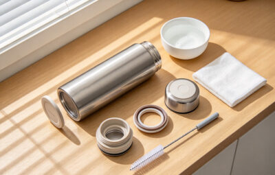 disassembled stainless steel water bottle lid, silicone gasket and straw laid out for cleaning