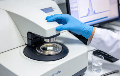 a sample cut from a clear plastic water bottle placed on an ftir spectrometer for material identification