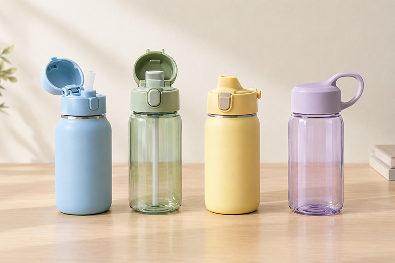 four kids water bottle lid types side by side