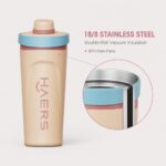 beige stainless steel water bottle with a blue lid and pink logo, highlighting double-wall vacuum insulation.